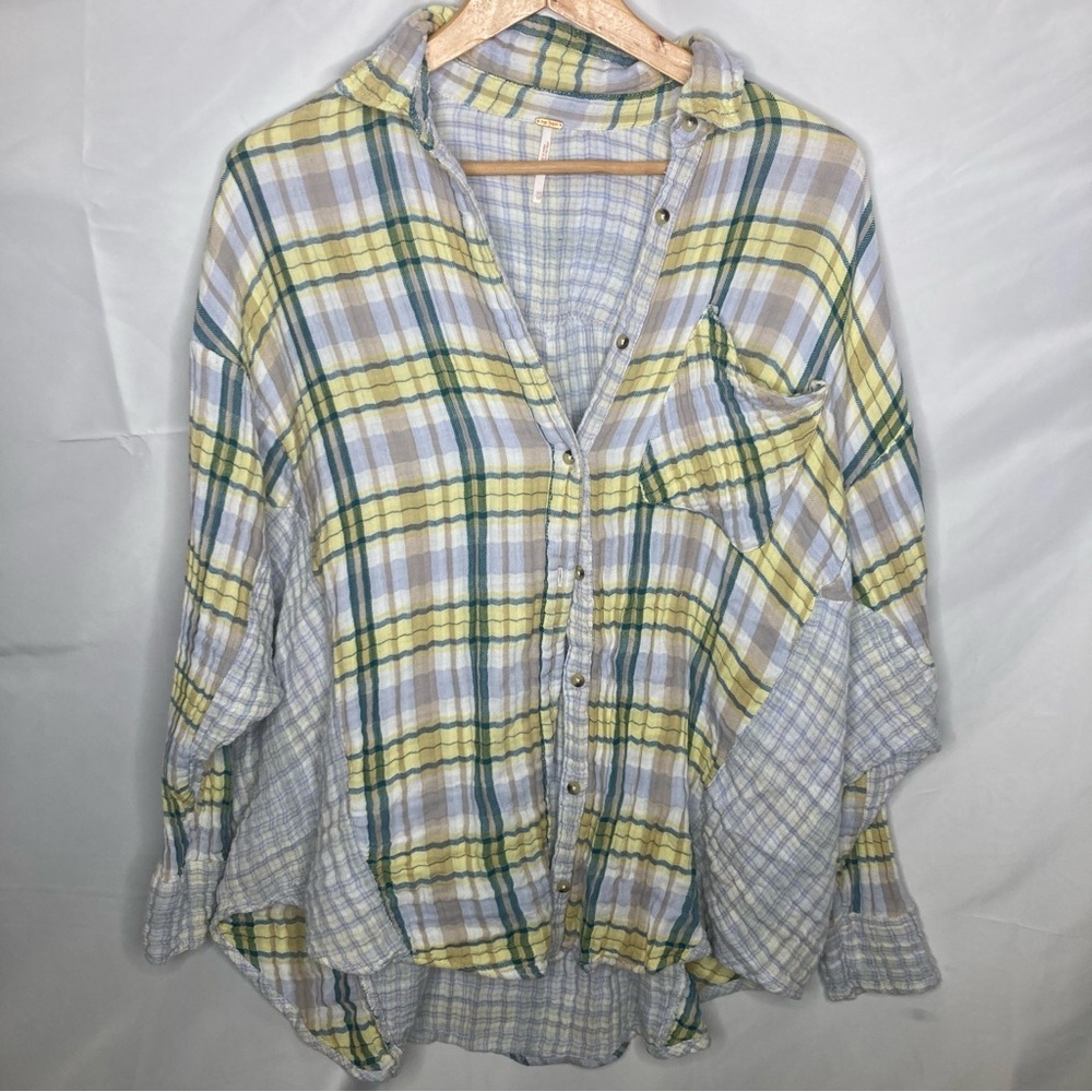 Free People Yellow Green Plaid Button-Down Shirt